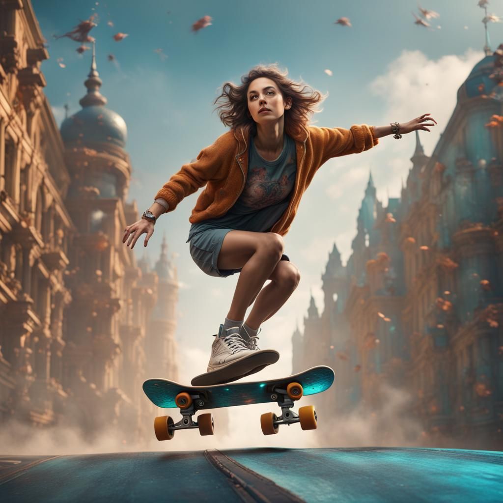 Woman on Flying Skateboard: Detailed Matte Painting
