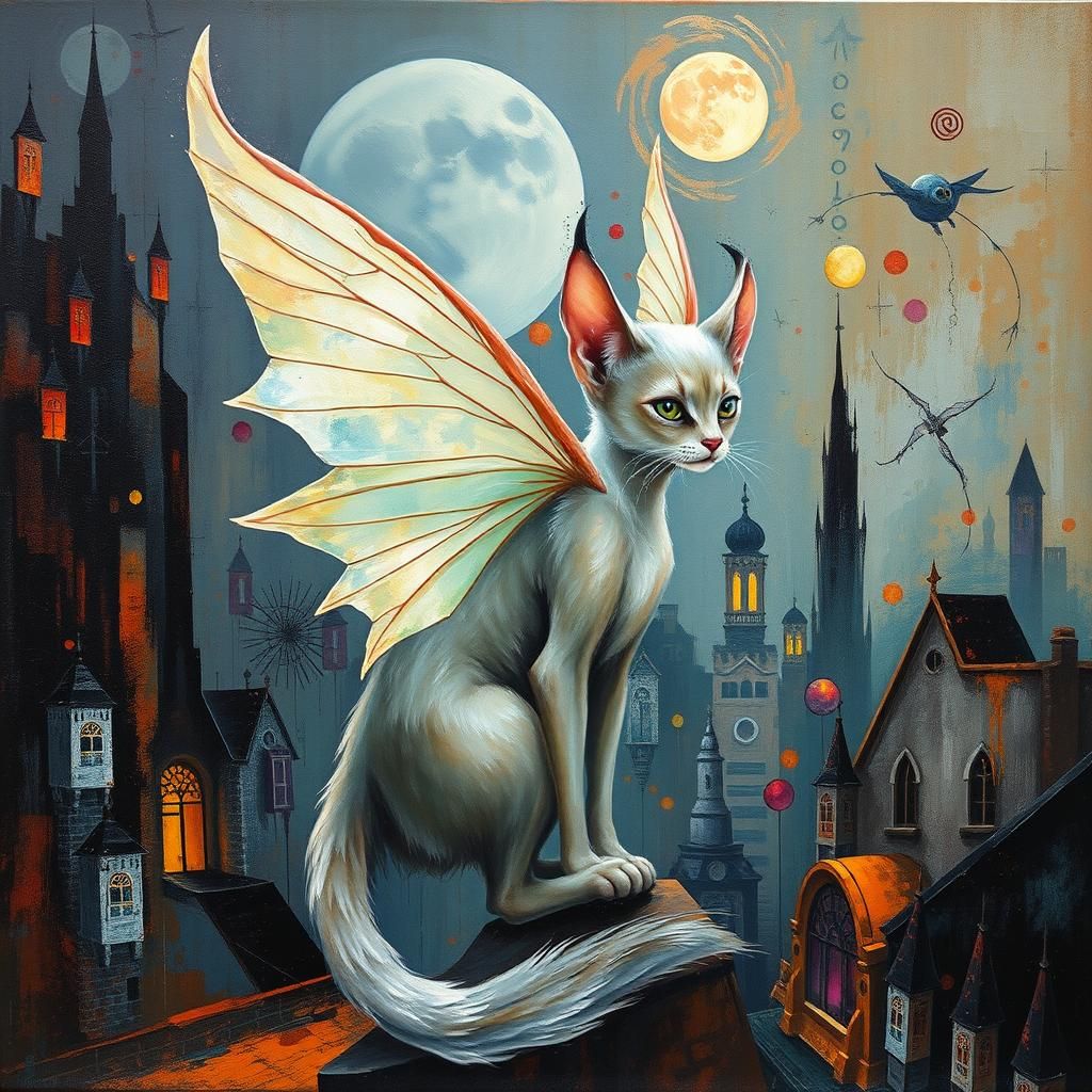 Ethereal Feline Fairy in Surreal Dystopian Cityscape
