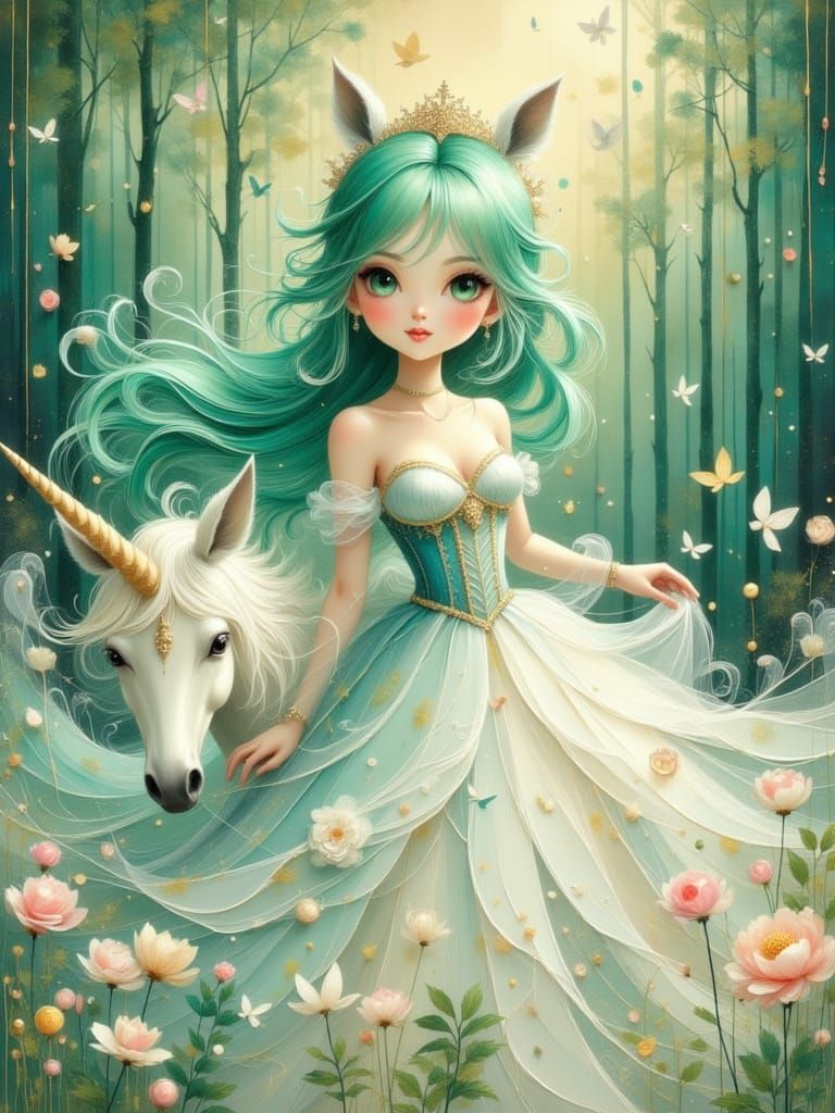 Anime Princess Riding Unicorn in Forest