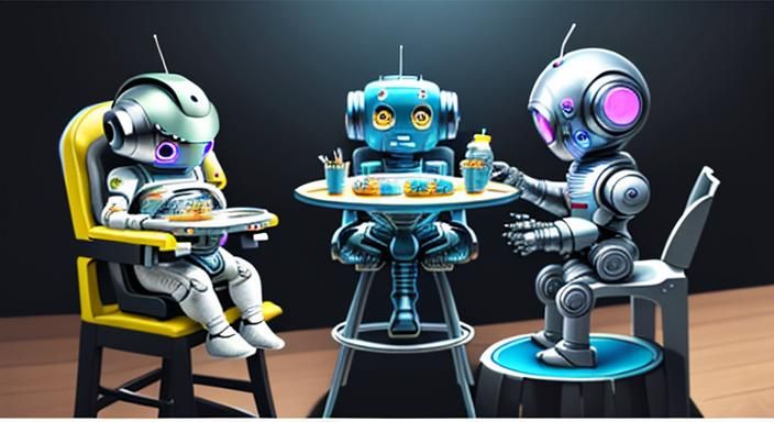 cute robot mum dad and baby in a robot kitchen. a baby robot...