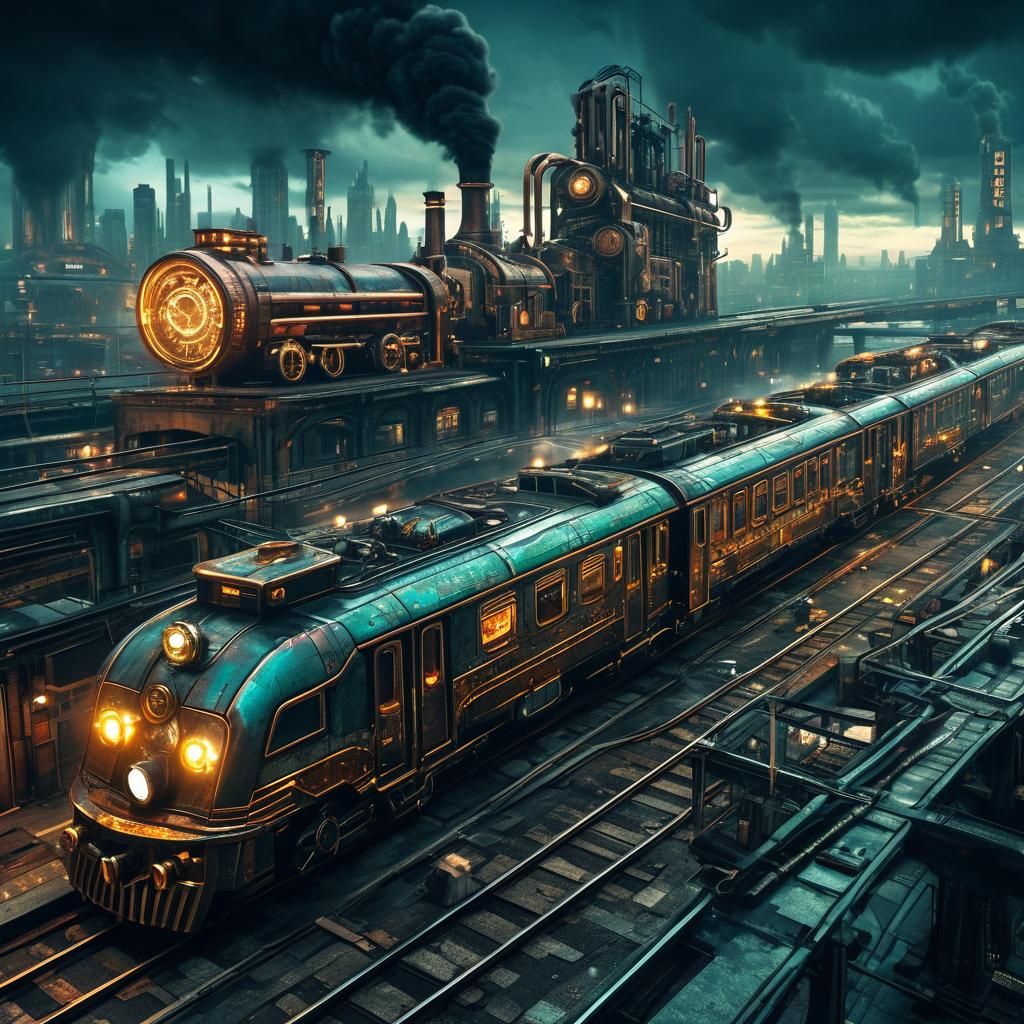 Steampunk-Cyberpunk Train Glides Through Dystopian Cityscape