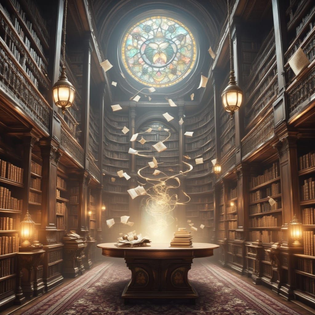 Ethereal Library with Floating Books and Golden Swirls