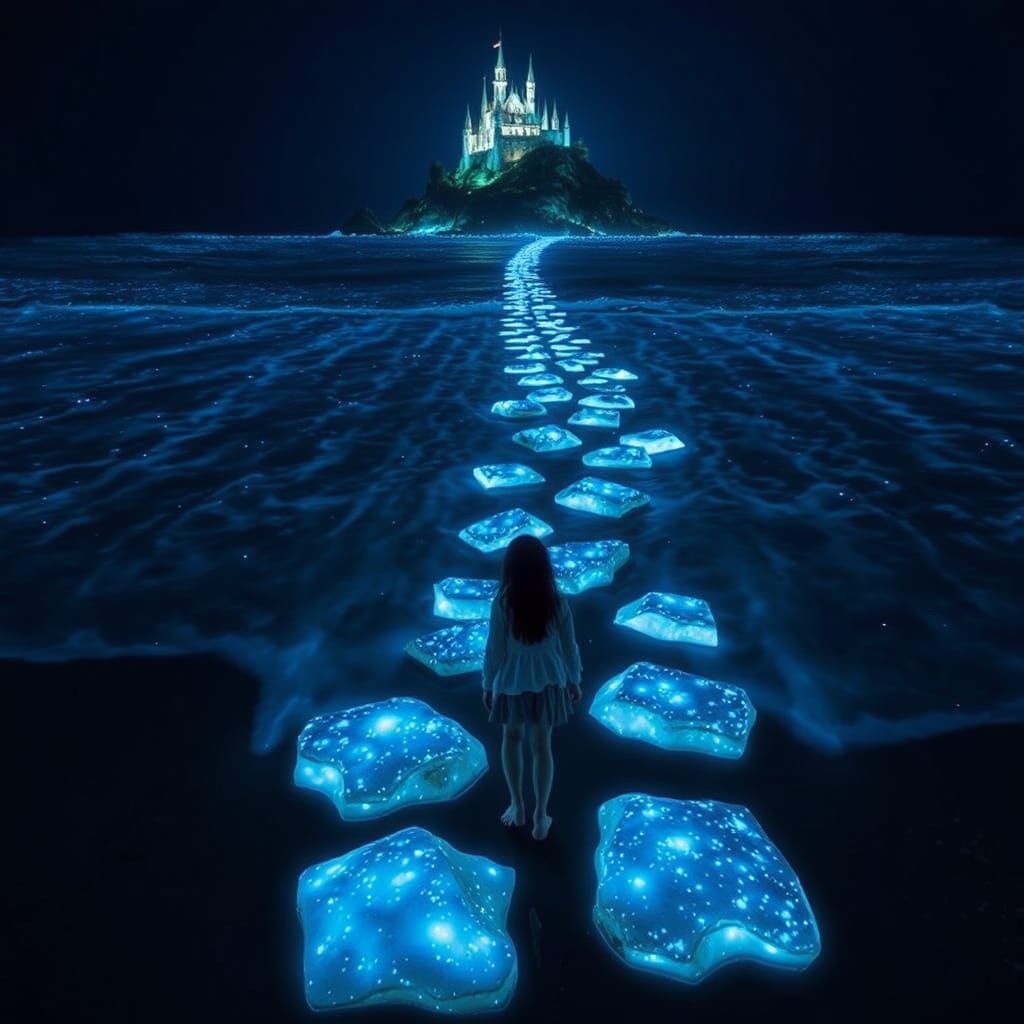 Glowing Beach Scene at Night in a Bioluminescent Aesthetic