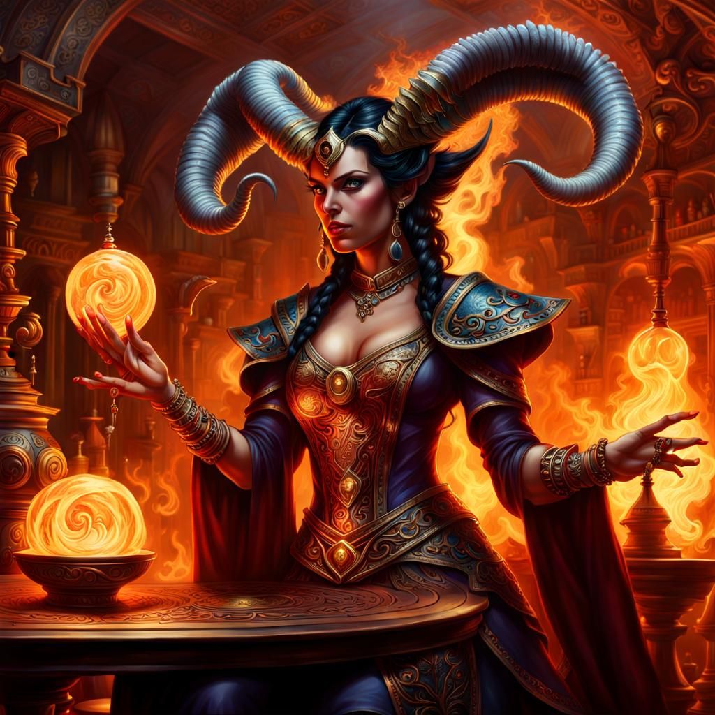 Elegant Tiefling Sorceress Casts Spell in Tavern