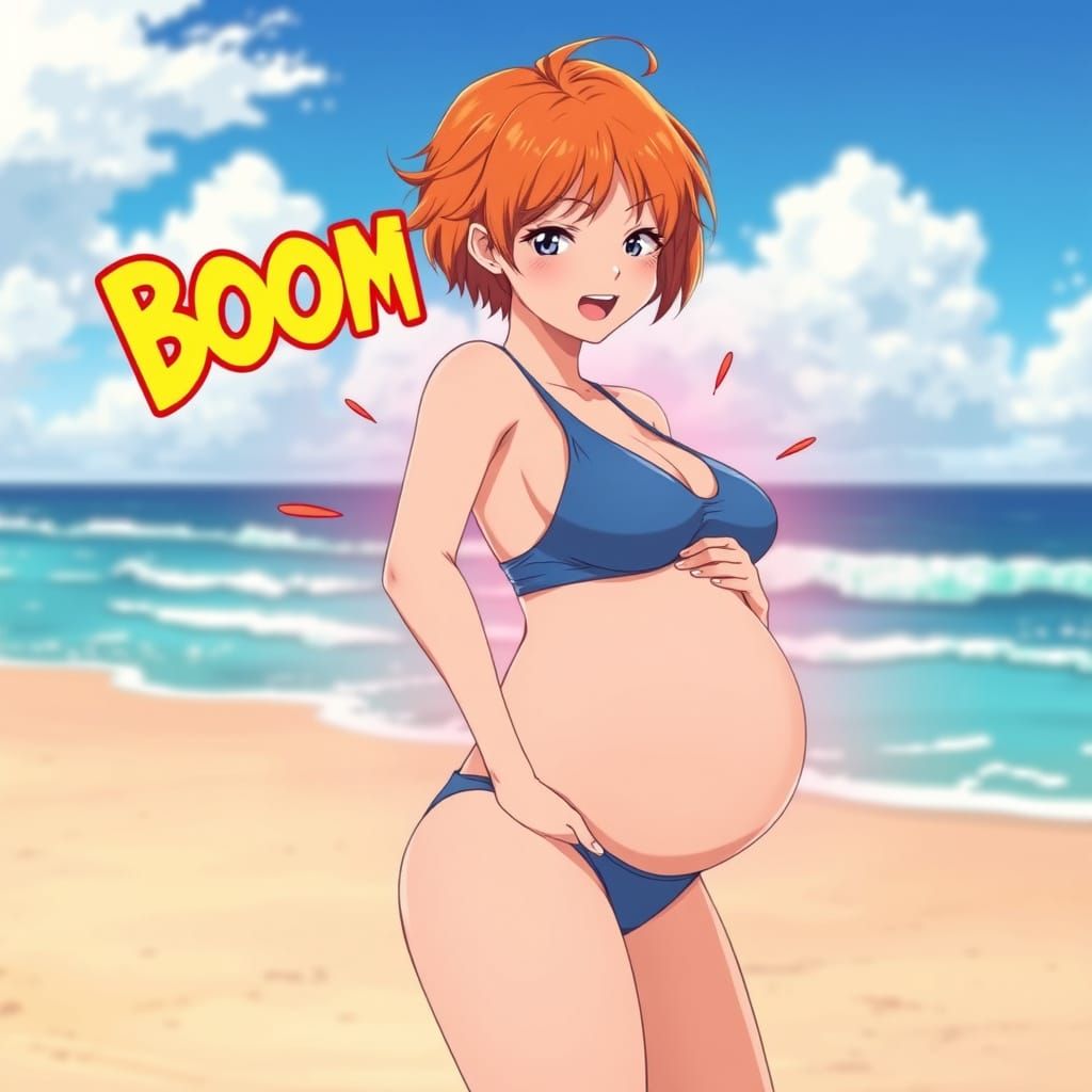 Pregnant Woman on Beach, Anime Style