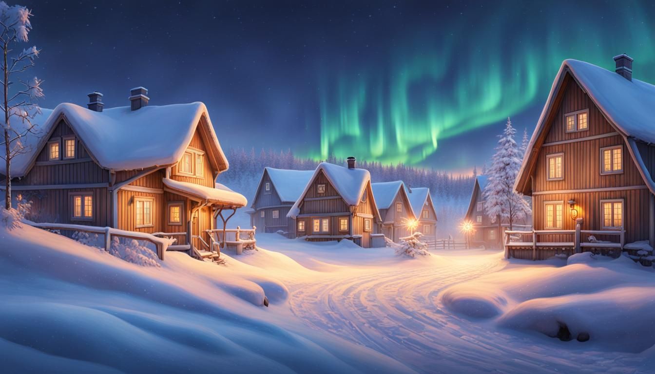 Scandinavian Village in Winter Twilight: A Minimalist Scene