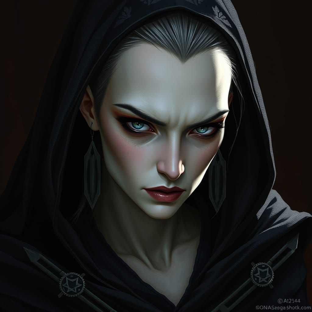 Ghostly Female Figure with Angular Features and Dark Robes