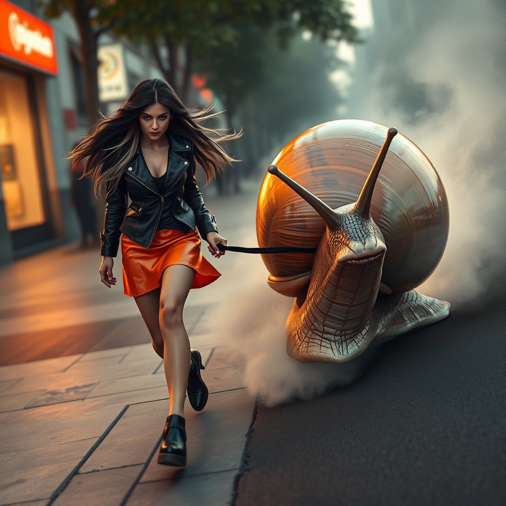 Woman Walks Giant Snail in Matte Painting Style