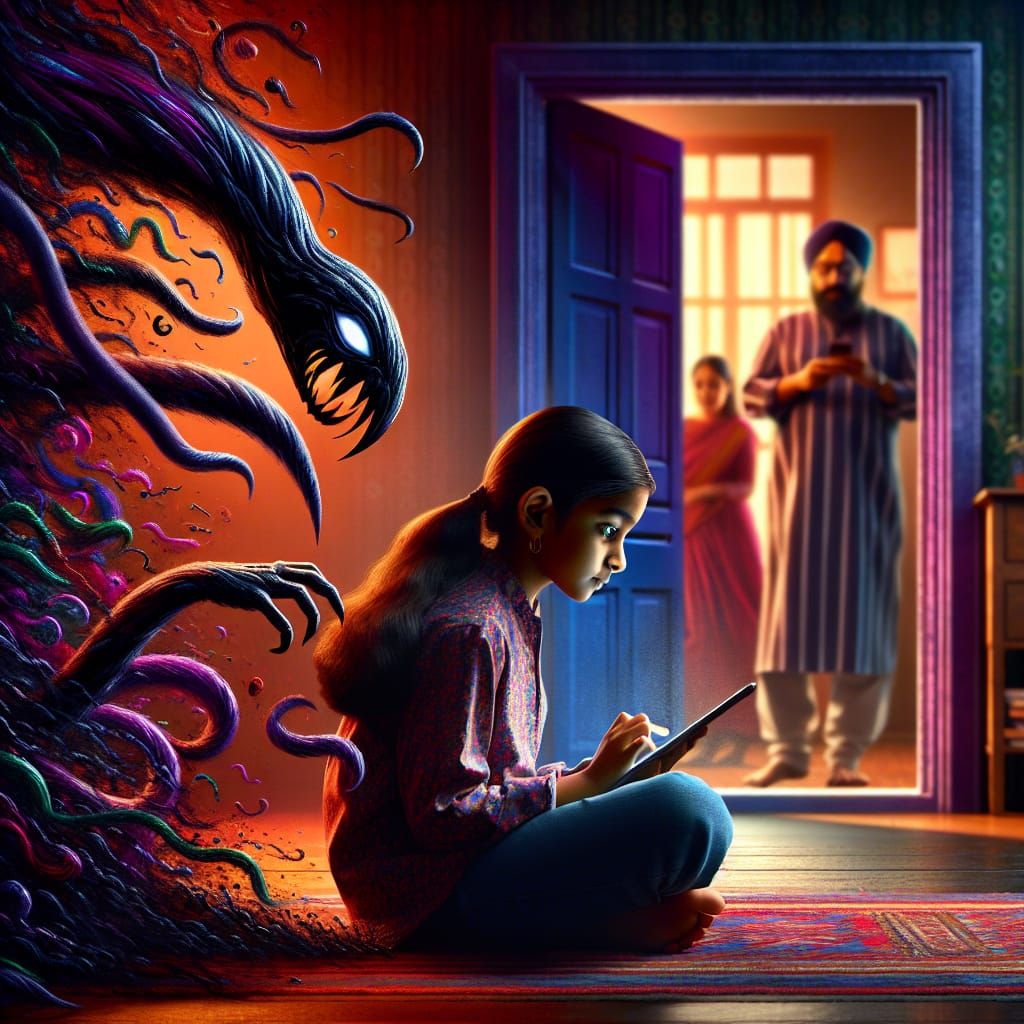 Screen Monster Threatens Girl Immersed in Tablet