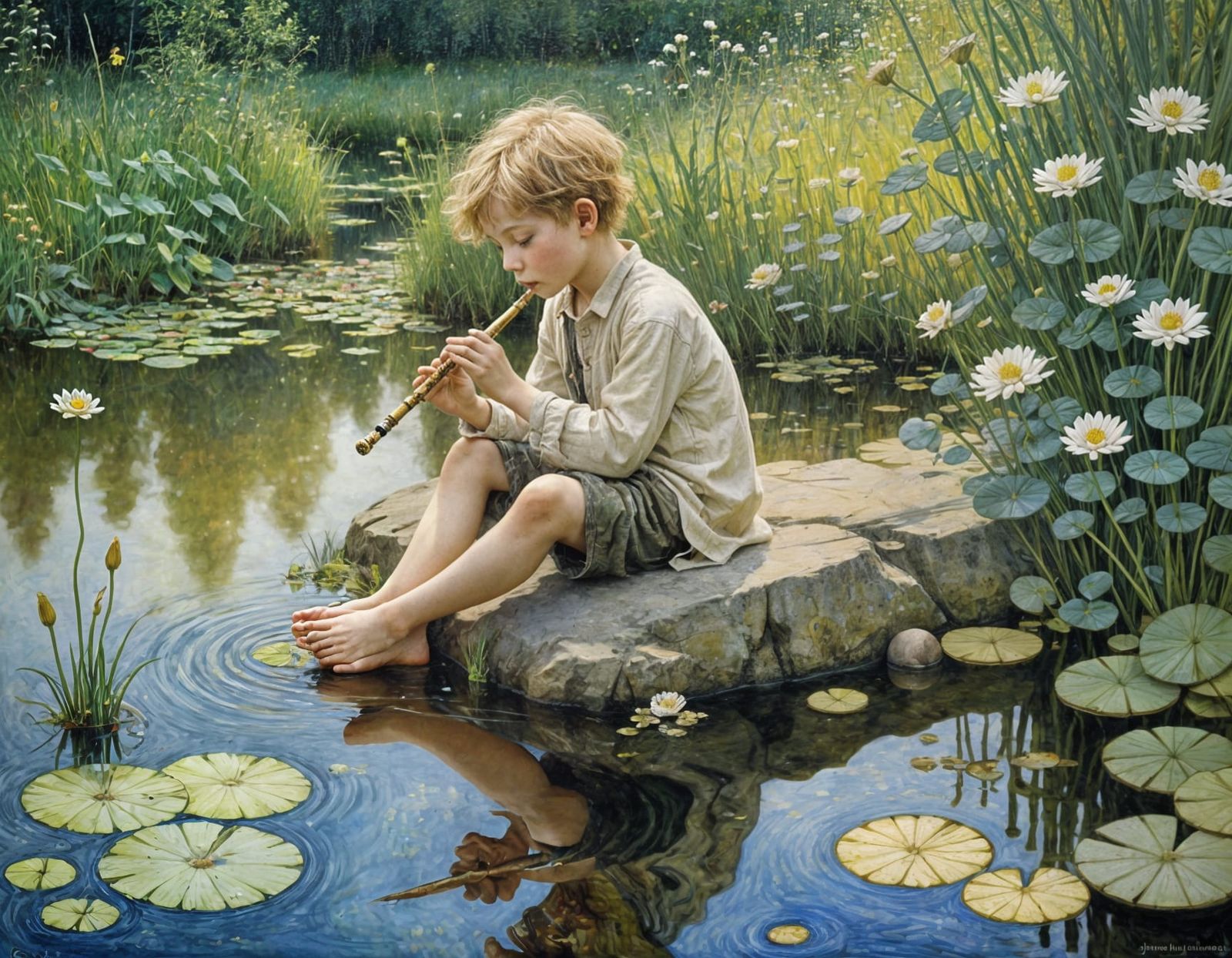 Ethereal Boy Plays Flute by Pond in Intricate Oil Painting S...