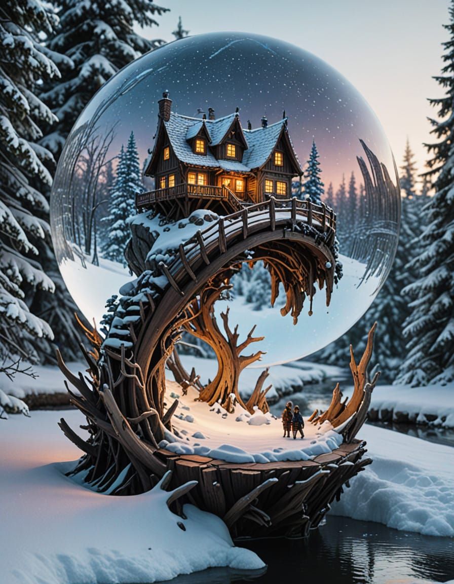 Intricate Winter Scene Inside a Glowing Crystal Globe