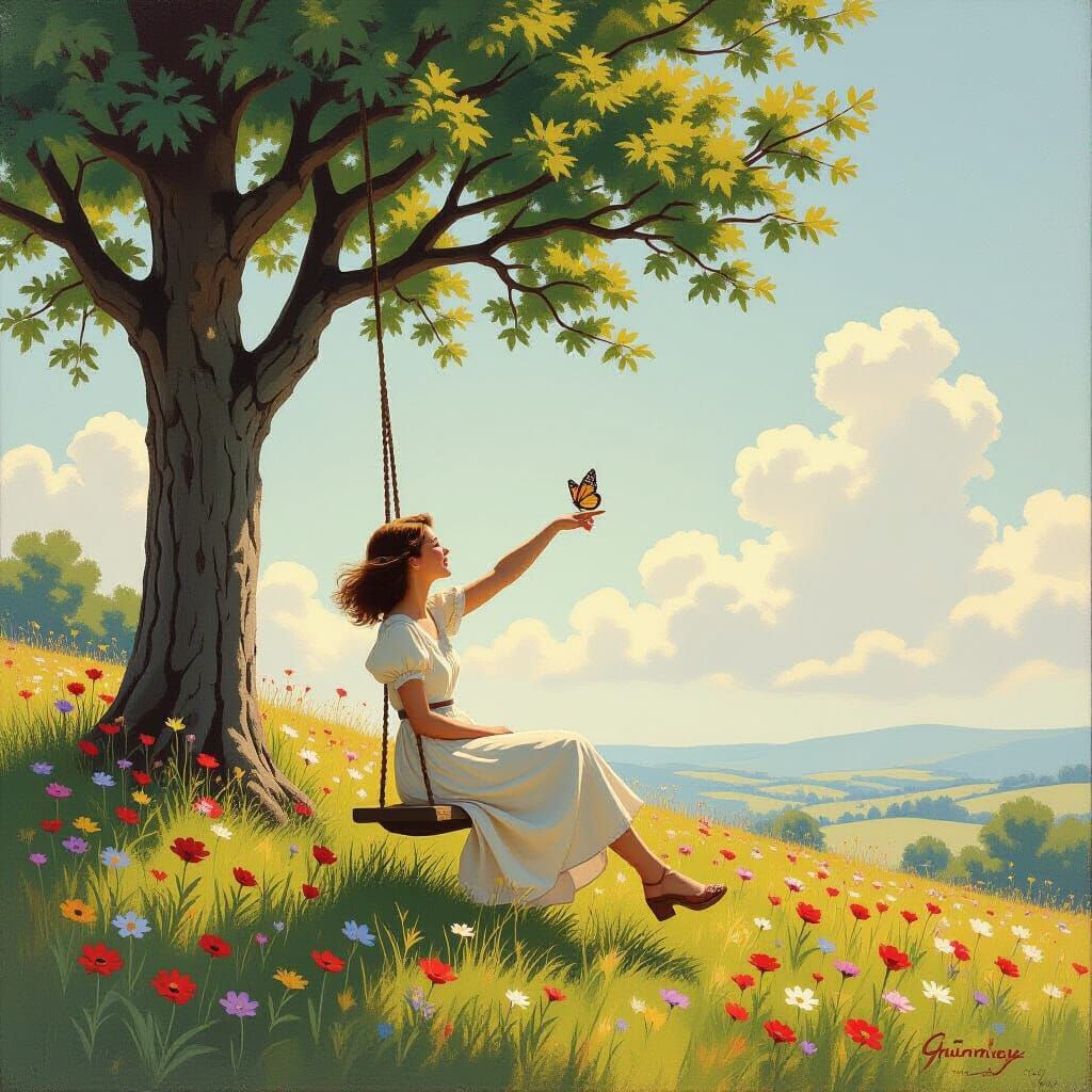 Joyful Woman on Swing with Butterfly in Meadow