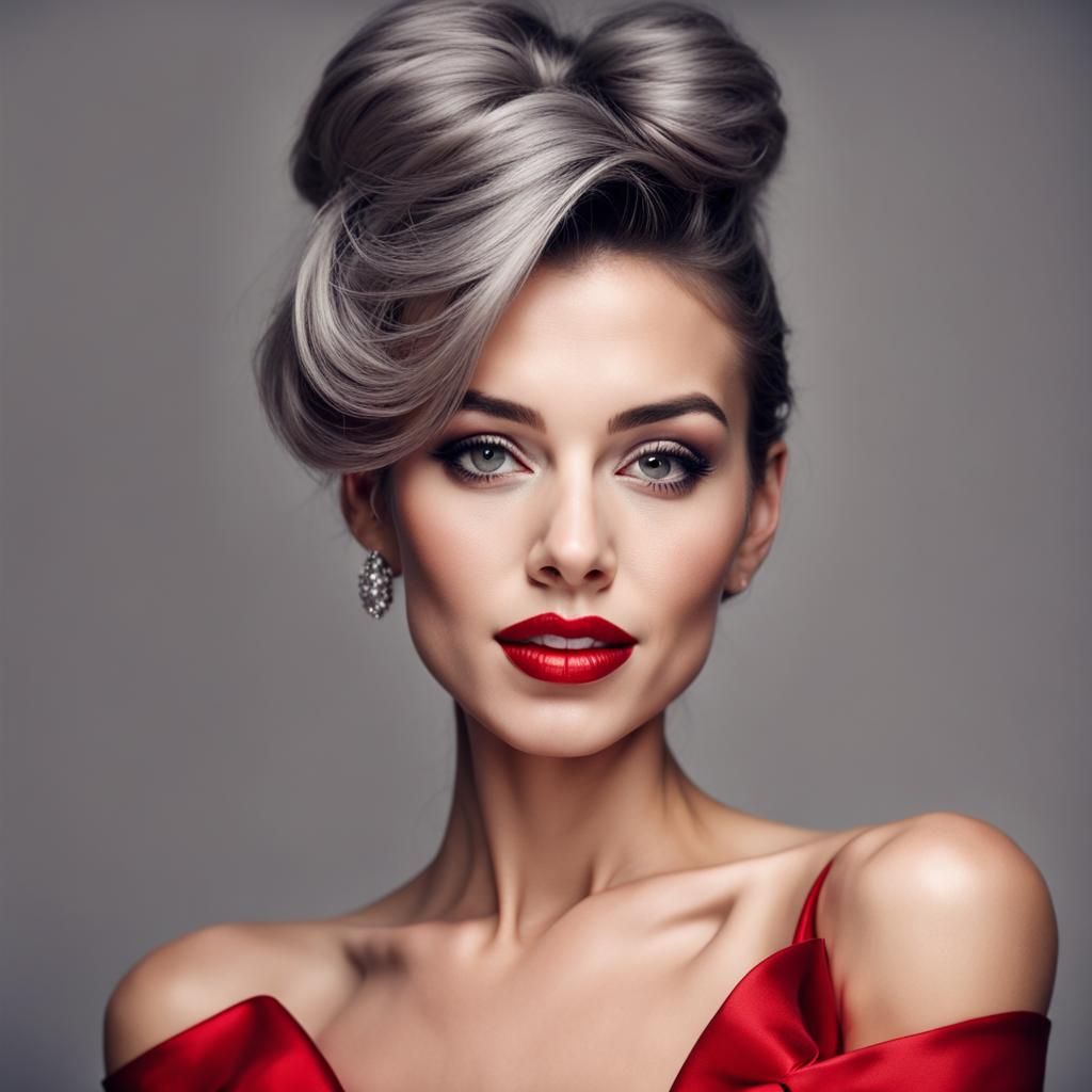 Glamorous Woman with Grey Hair and Red Dress