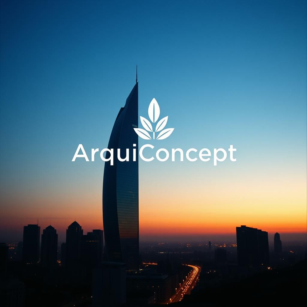Cinematic ArquiConcept Logo in Cityscape at Dusk