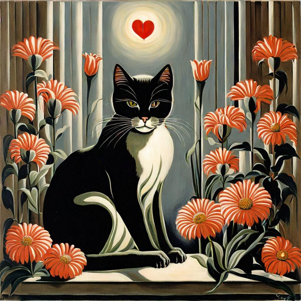 Cute Cat Surrounded by Flowers in Surrealist Style