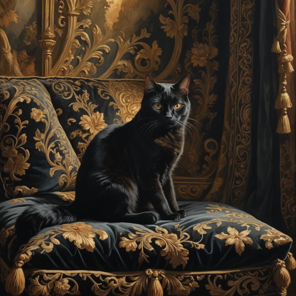 Black Cat in Ornate Room as Oil Painting