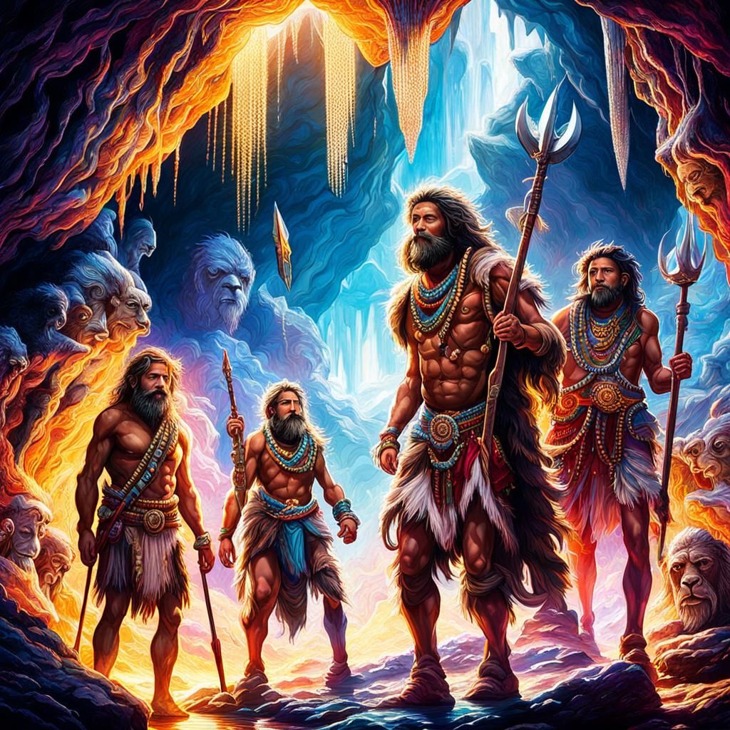 Cave People in Cave: Cosmic Mixed Media Illustration