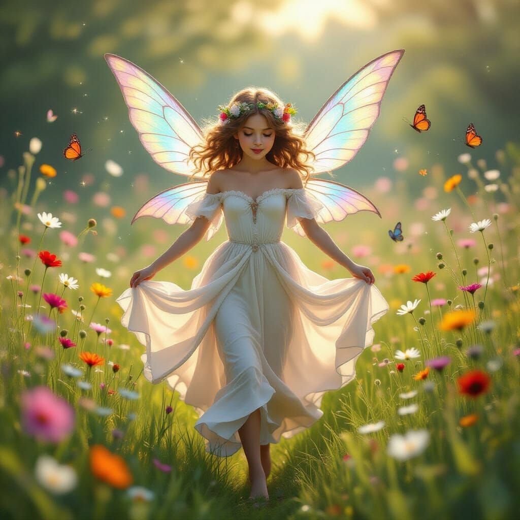 Mischievous Pixie Scattering Stardust in Sunlit Meadow