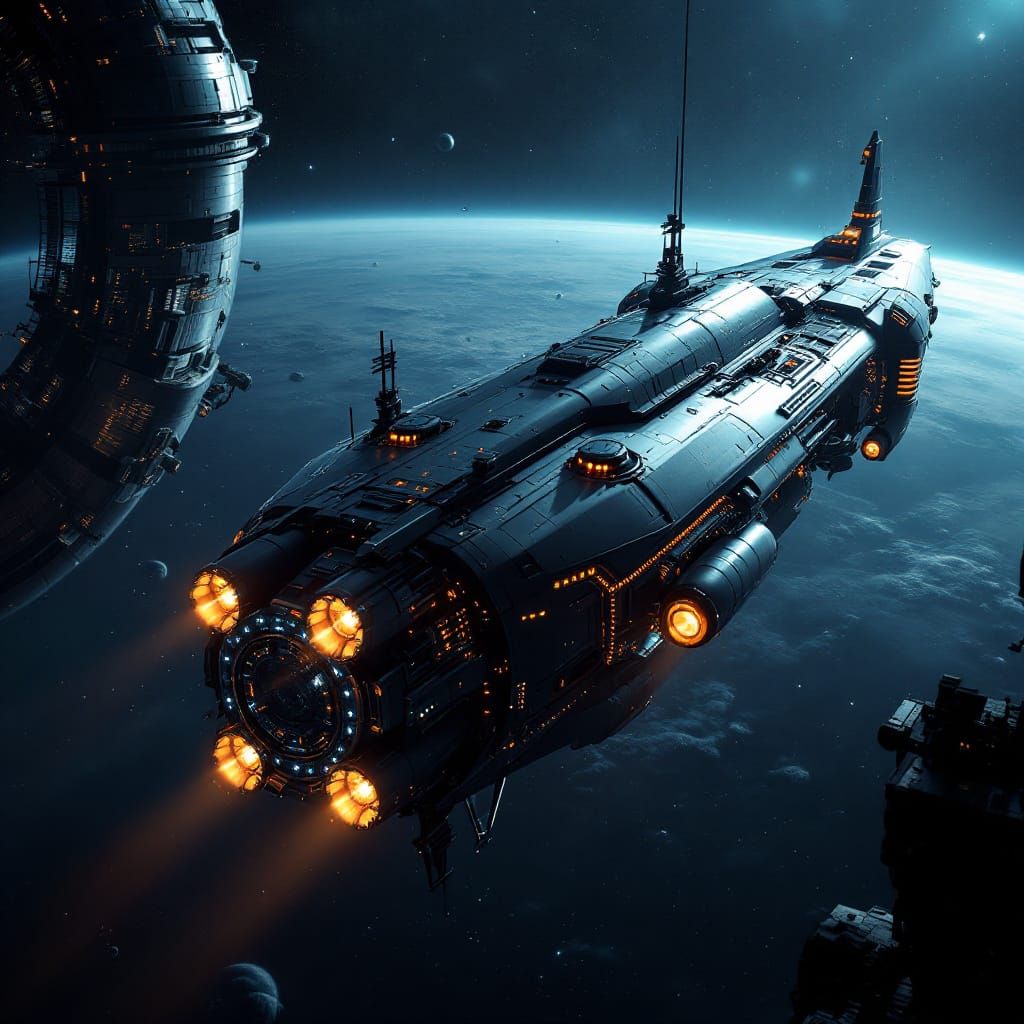 Futuristic Airship Docks at Space Station in Detailed 3D Ren...