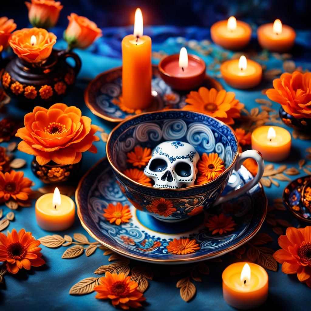 Teacup Ofrenda with Marigolds and Calavera