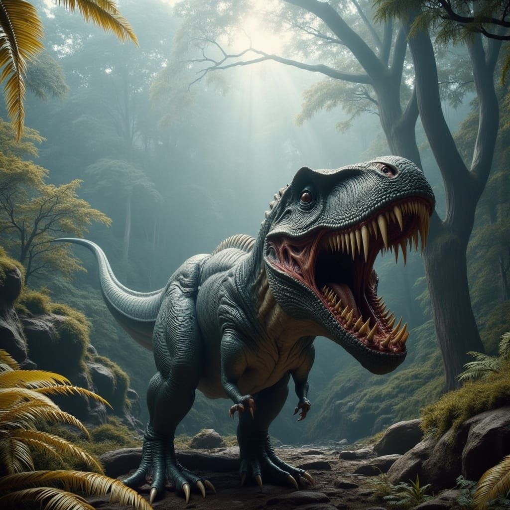 Cyberpunk T-Rex Dominates Prehistoric Landscape