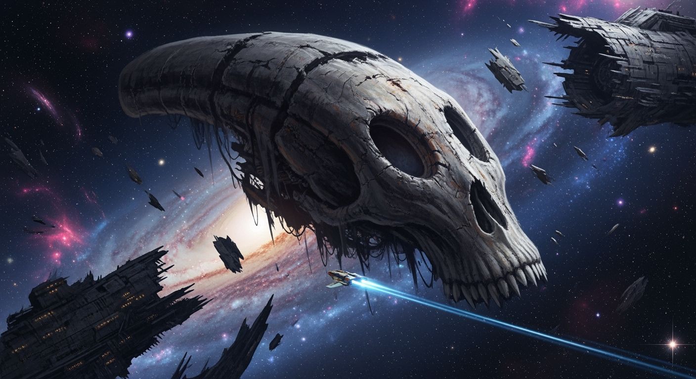 Speedy Spaceship Fleets Ancient Alien Skull in Cosmic Void