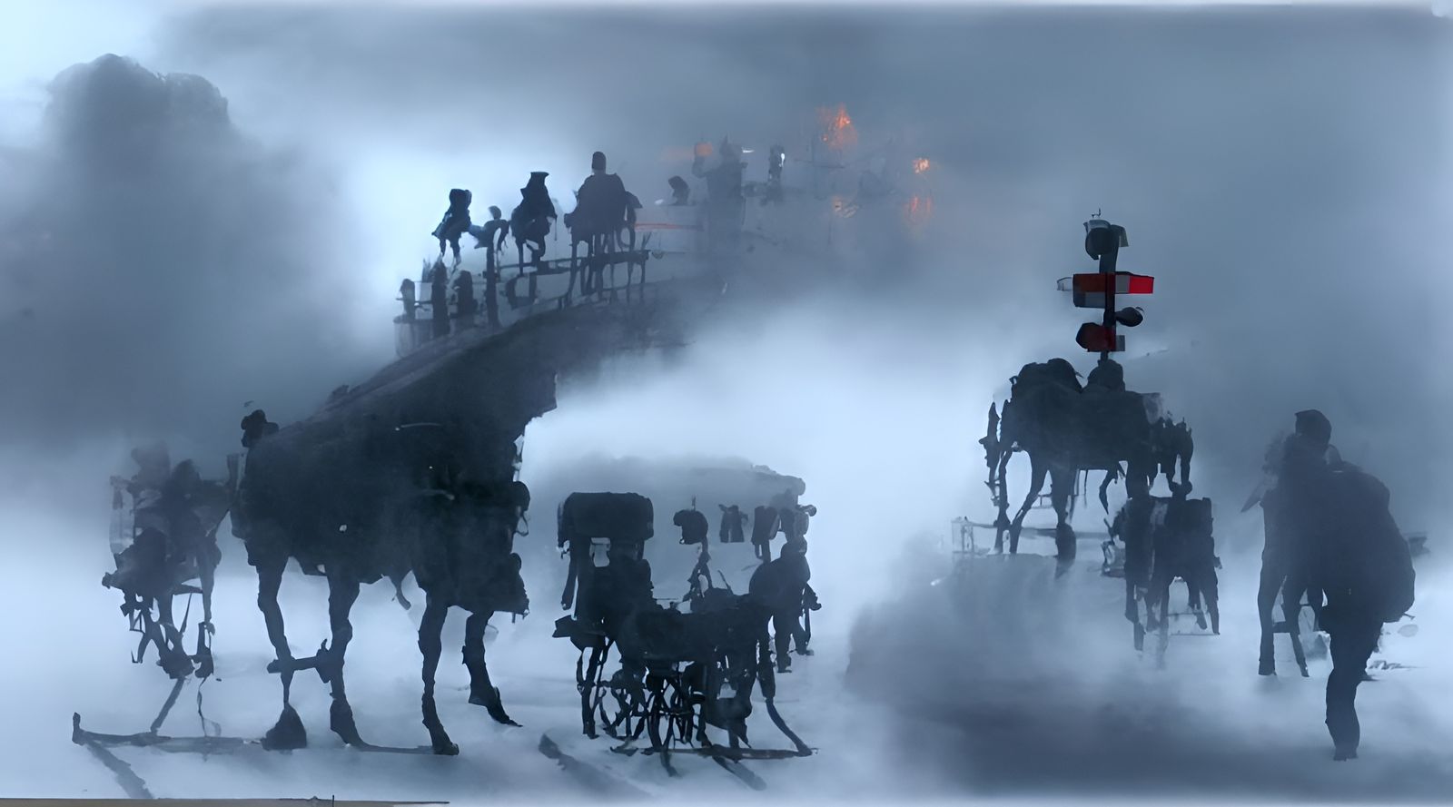Carriage Emerges from Fog in Desert Landscape