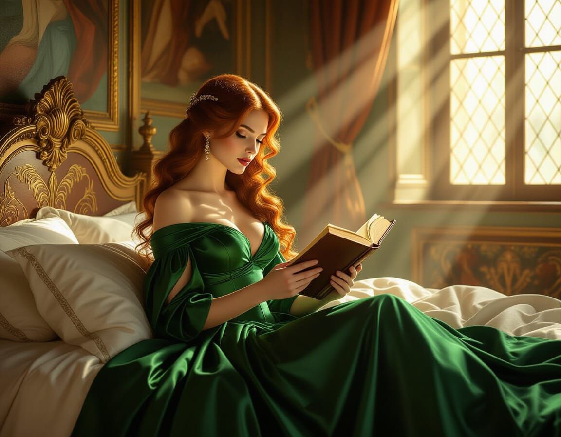 Renaissance Beauty Reading Book on Ornate Bed