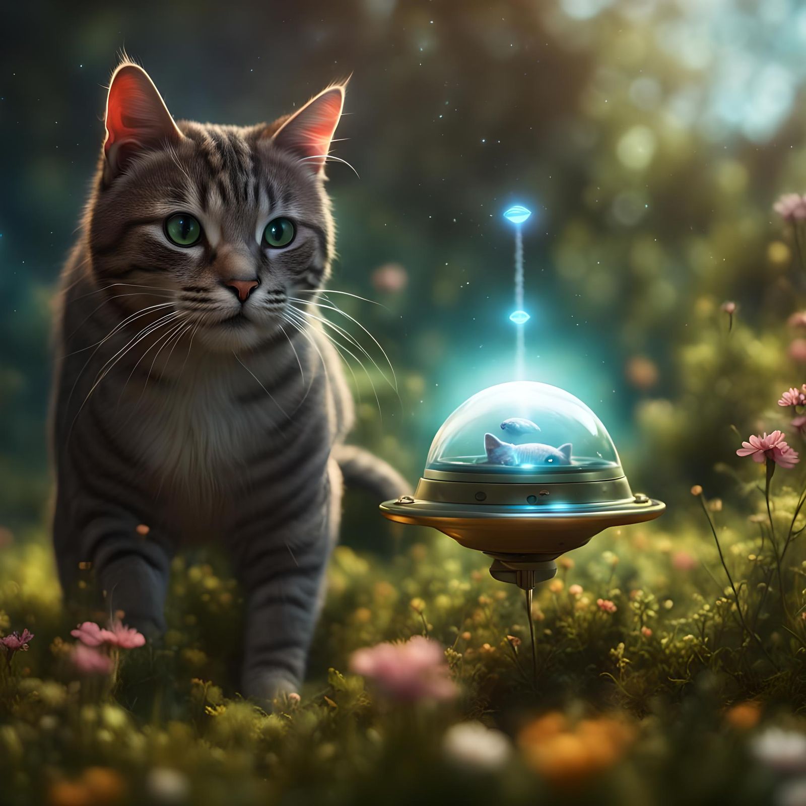 Cat and UFO in Garden: Fantasy Concept Art