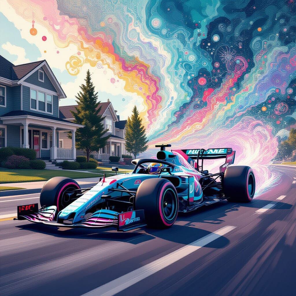 Futuristic Race Car Speeding Through Suburbia