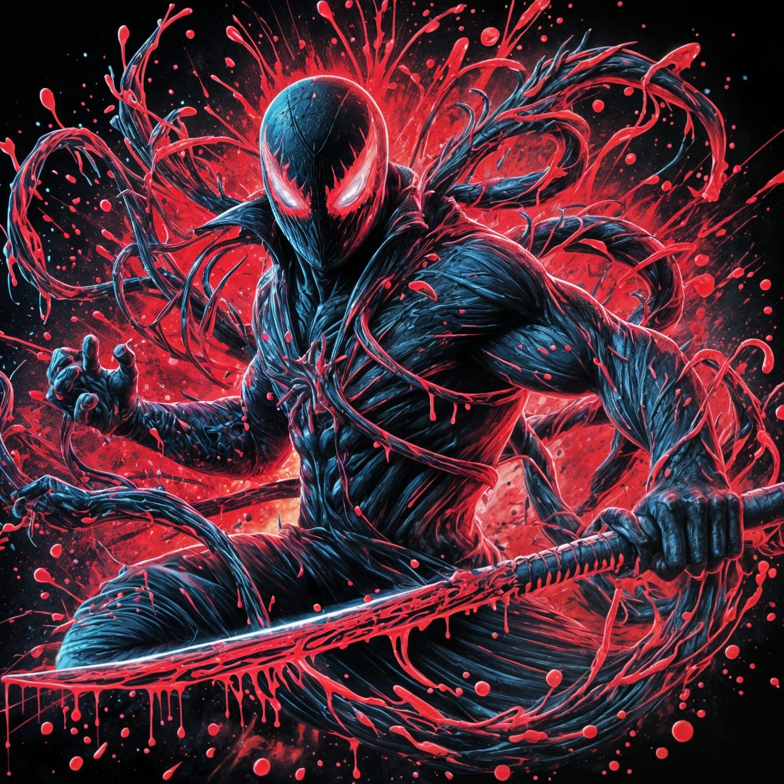 Ninja Venom in carnage mode symbiote, by Frank Frazetta. Ink, highly detailed. Bright red ink splatter in background, pu...