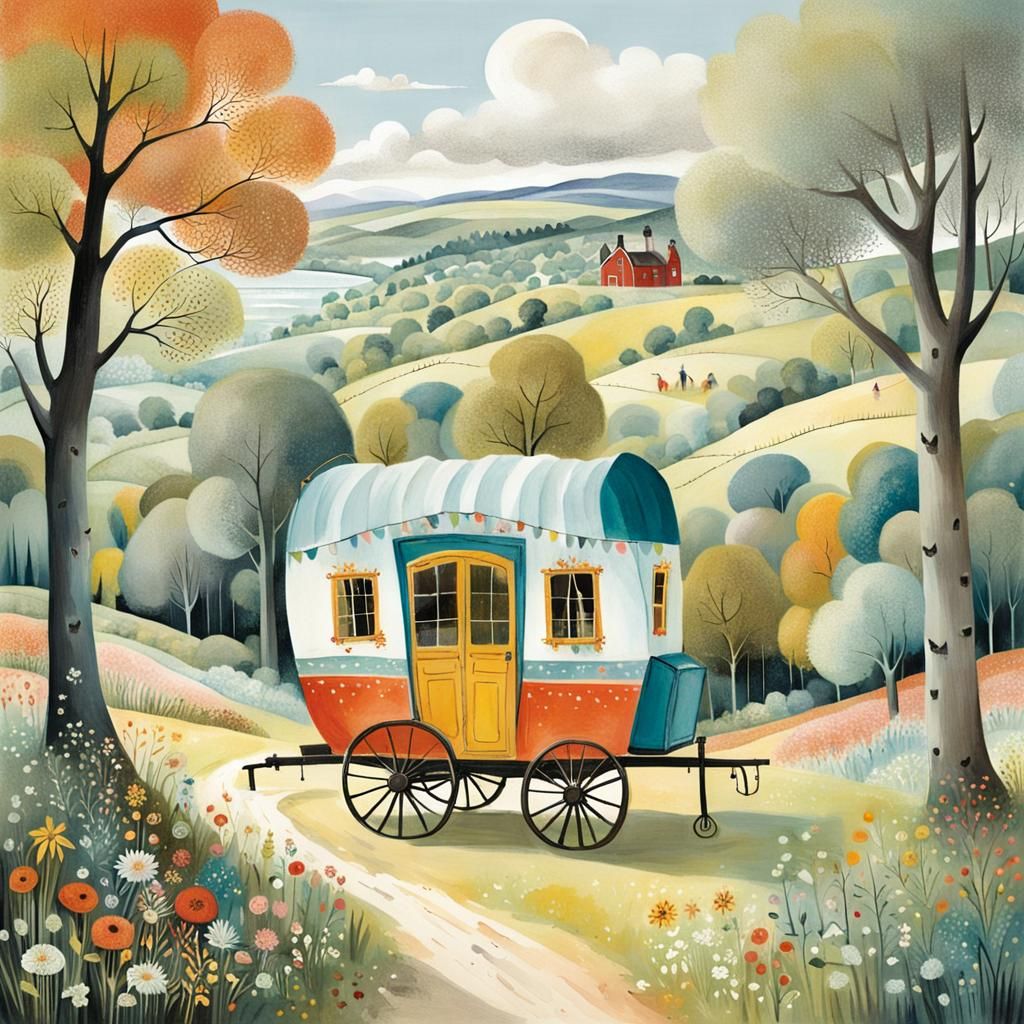 Colorful Gypsy Wagon in Lovely Landscape