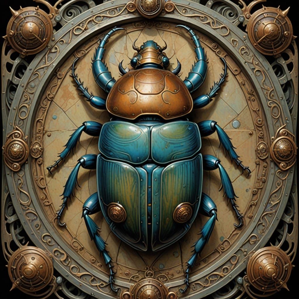 Intricate Rusty Scarab Beetle in Pop-Surrealist Style