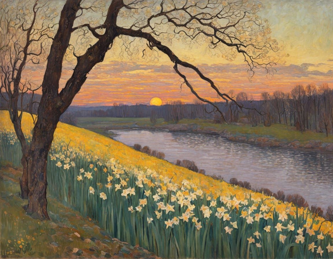 Wild Daffodils Along the River at Sunset