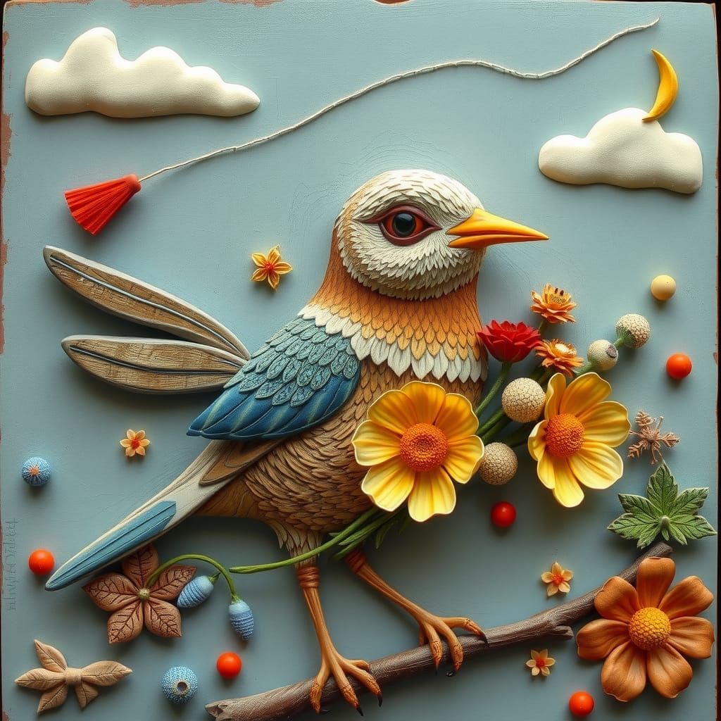 Whimsical 3D Bird Holding Flowers, Folk Art