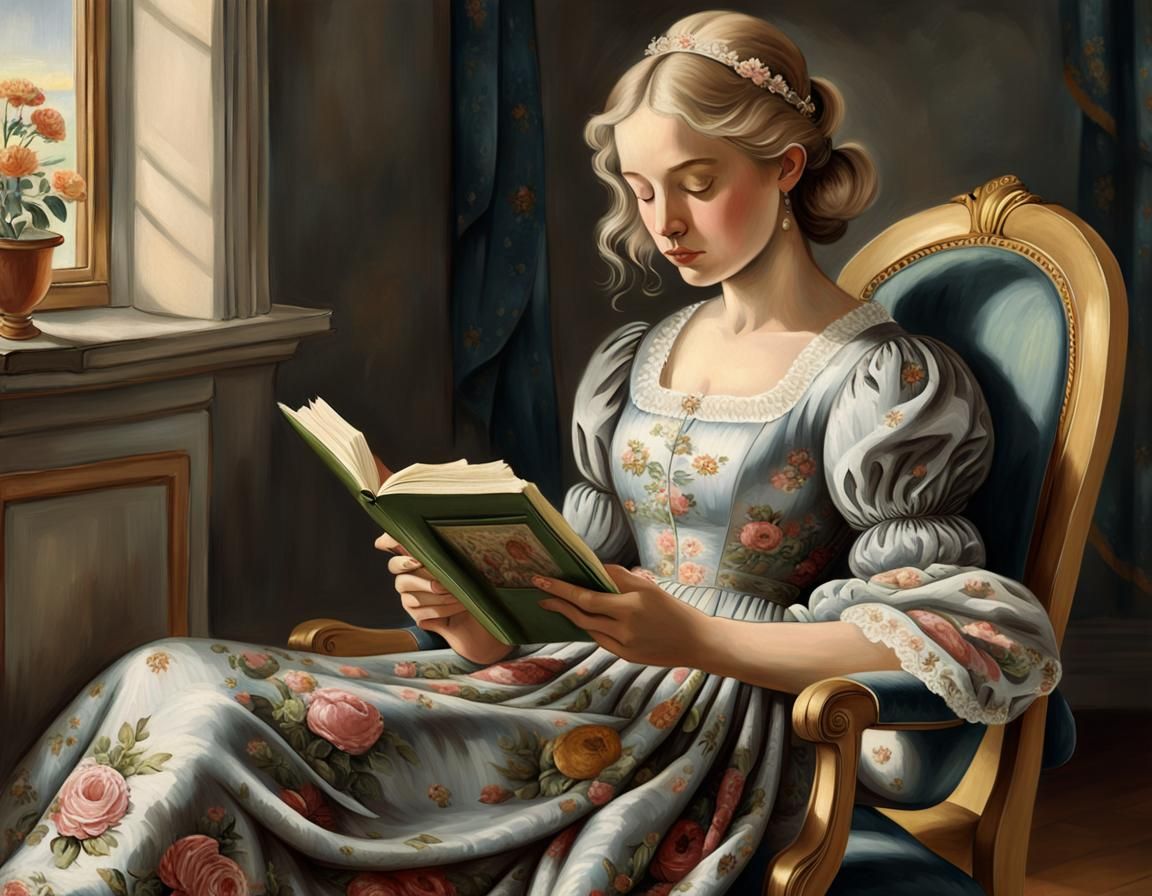 Renaissance Woman Reading with Cat, Tempera Painting
