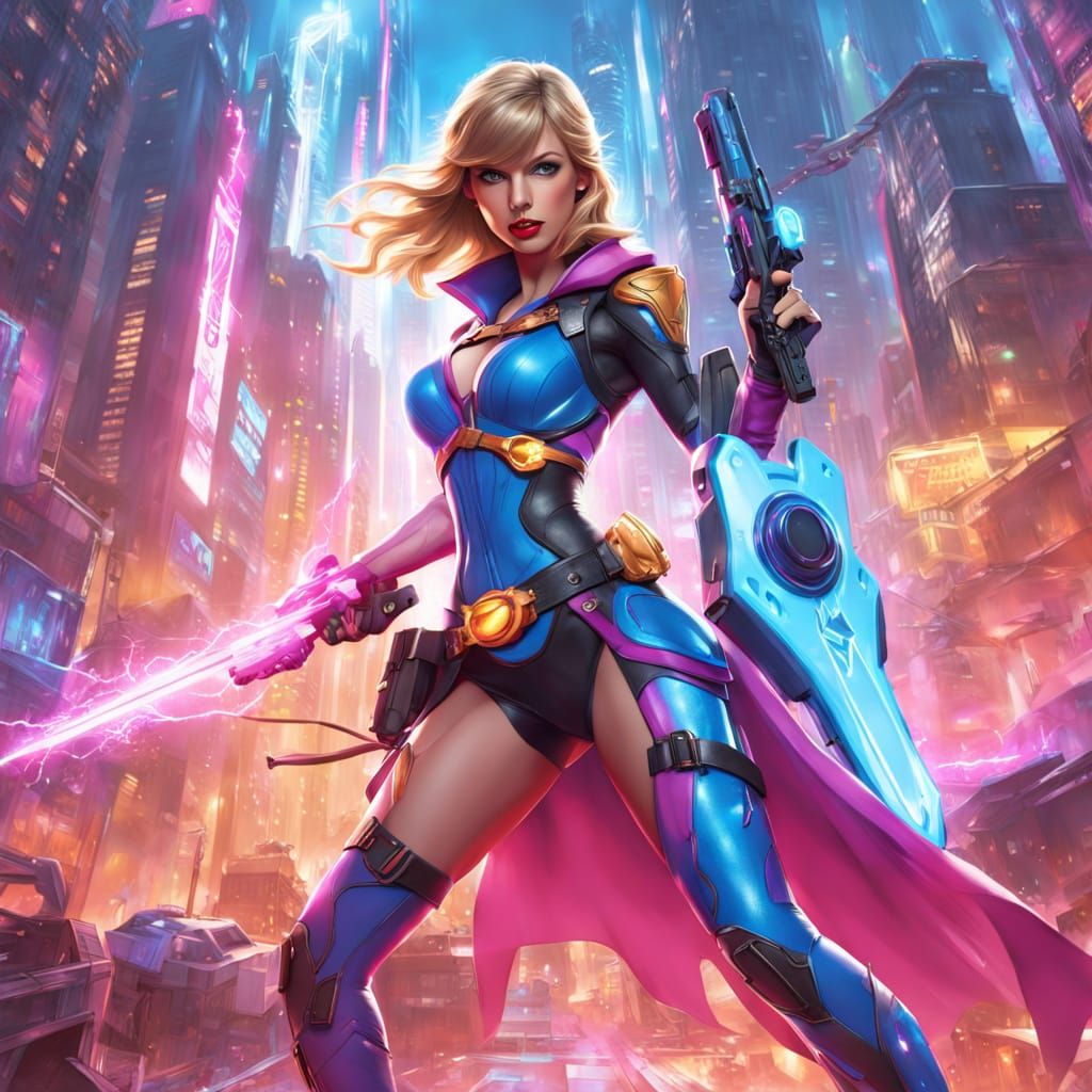 Taylor Swift as a Heroic Overwatch Operative in Vibrant City...