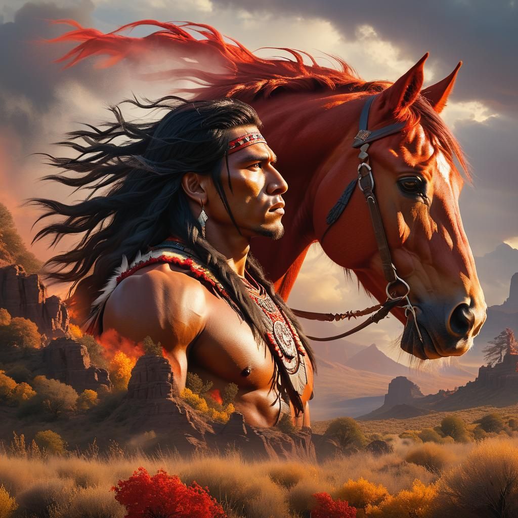 Proud Native American warrior in deep spiritual communion with his fiery red stallion.