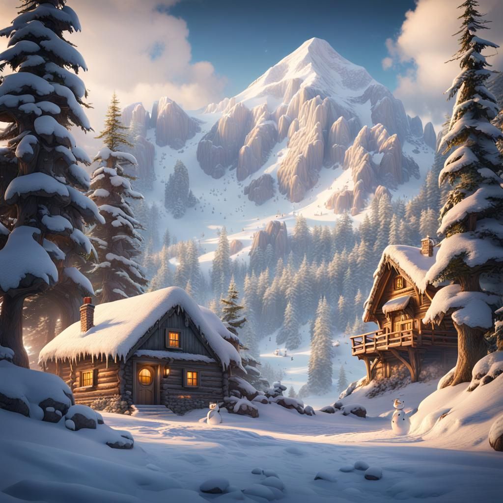 Snowy Mountain Cabin with Ginger Cat