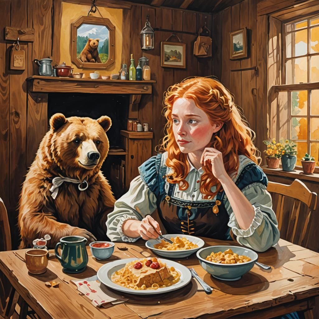 Goldilocks and Bear in Folk Art Gouache Style