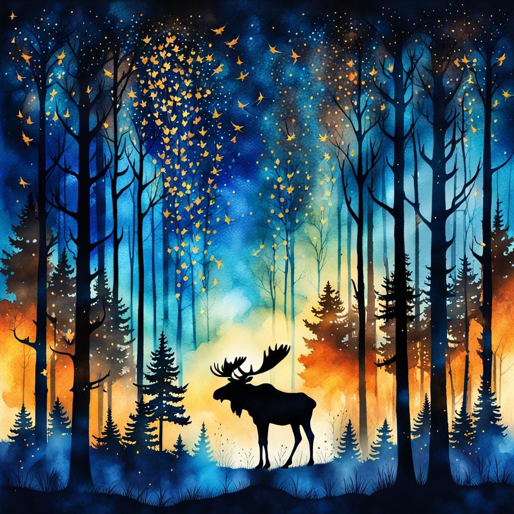 Mystical Firefly Forest with Moose in Watercolor Style