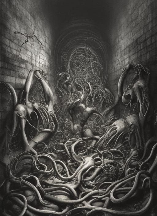 Cybernetic Tentacles Enveloping Decaying Bodies in Crypt