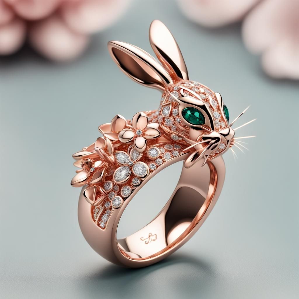 Rose Gold Rabbit Ring with Gems and Flowers