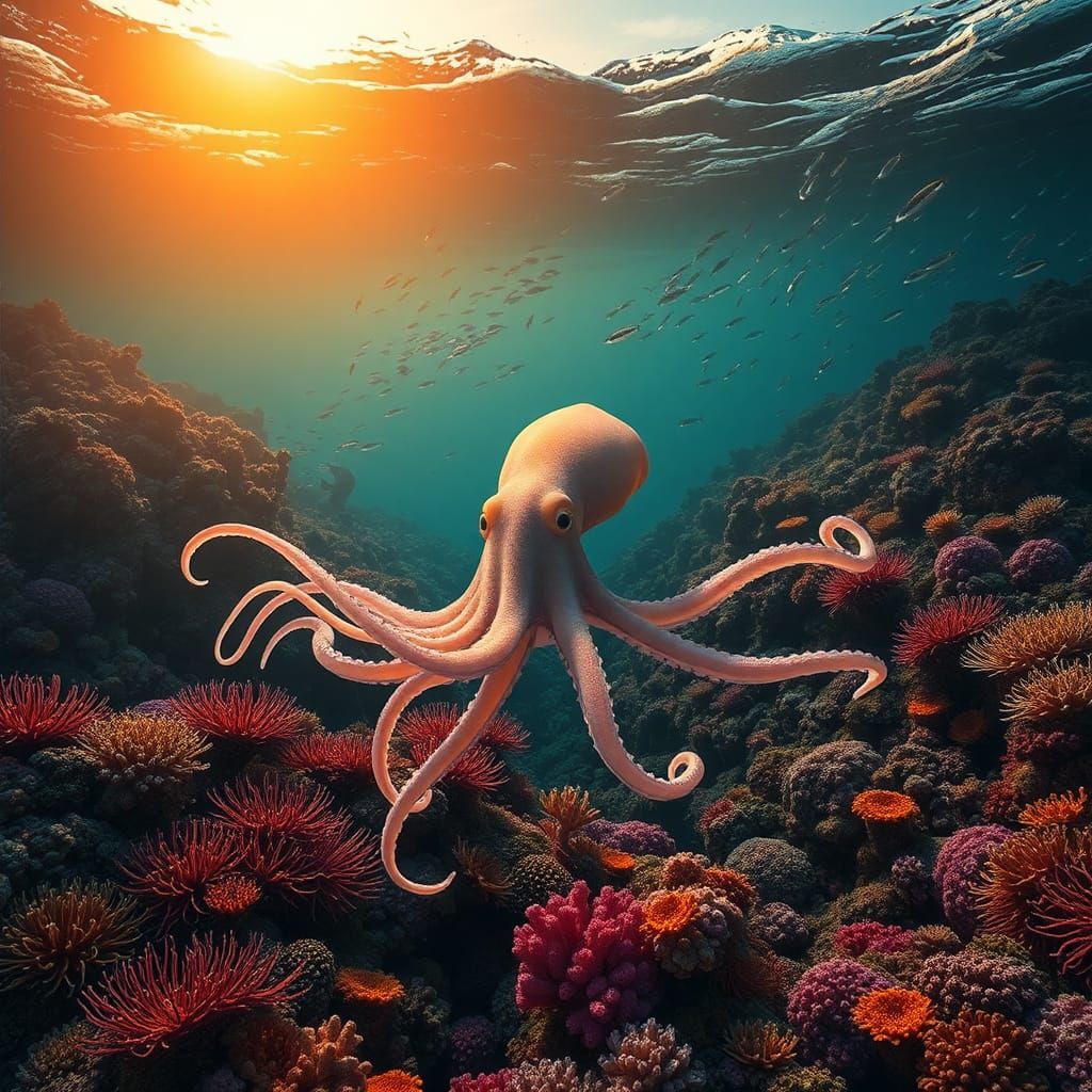 Vibrant Coral Reef with Squid in Cinematic Style