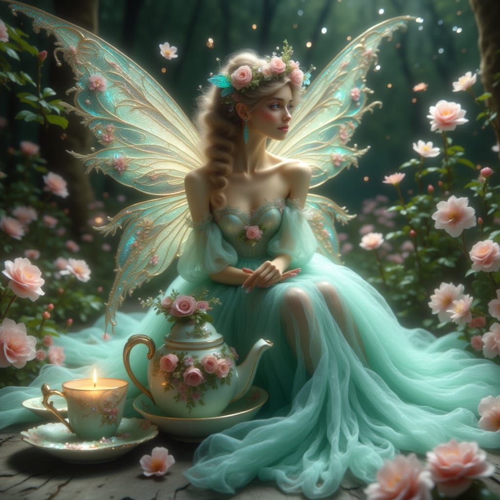 Elegant Teal Fairy on Porcelain Teapot