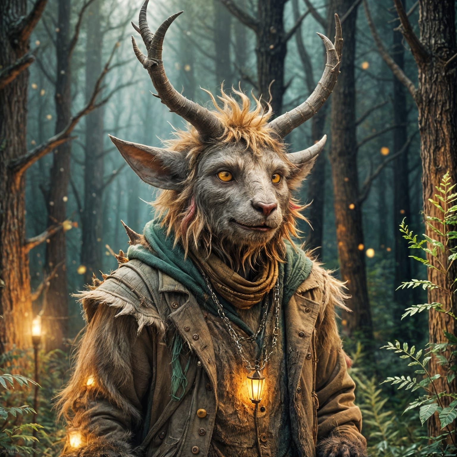 Furry Horned Creature in Whimsical Forest