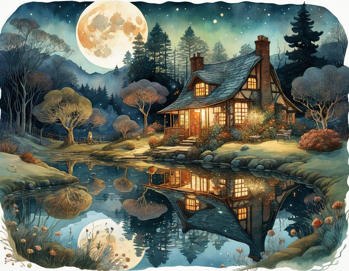 Serene Watercolor Winter Scene of Cottage by Reflective Pond