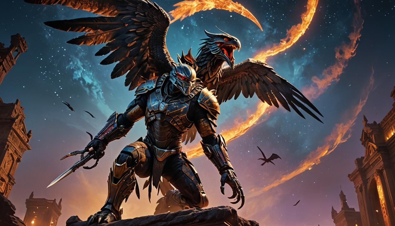 Predator vs Flaming Falcon in Dreamlike Oil Painting