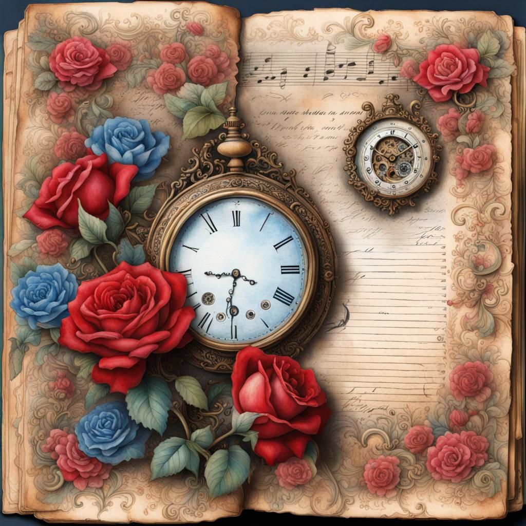 Floral Journal Page with Antique Watch in Watercolor