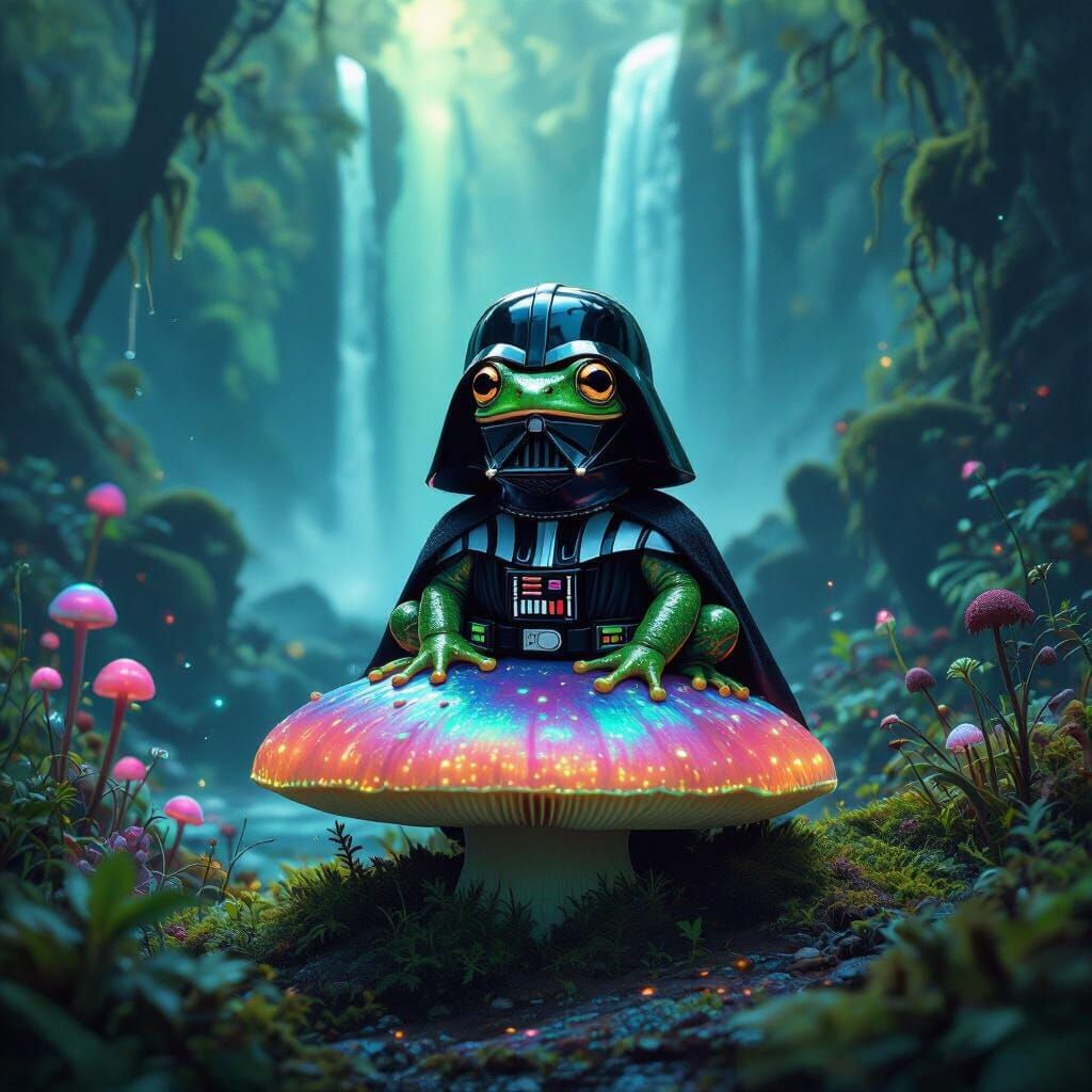 Bioluminescent Frog in Vader Helmet in Alien Jungle
